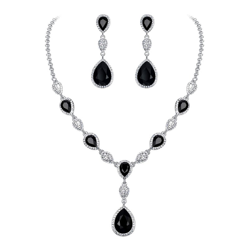 EleQueen Women's Cubic Zirconia Teardrop Y-Necklaces Dangle Earrings Sets for Brides Bridesmaids Black Silver-Tone - Image 1